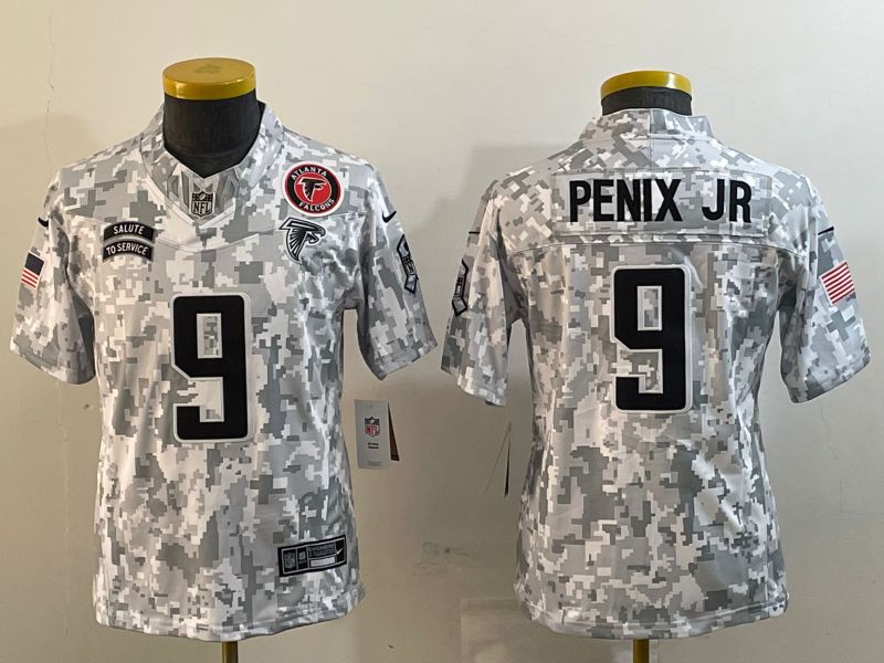 Youth Atlanta Falcons 9 Penix jr Nike Arctic Camo 2024 Salute to Service Limited NFL Jersey style 1